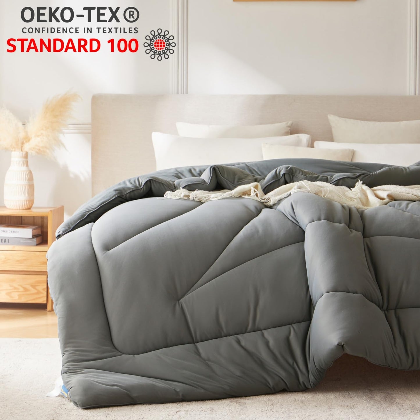 Yuncojin Down Alternative Comforter King Size,Soft Fluffy Duvet Insert for All Seasons,Lightweight Winter Bed Quilt,Skin Friendly,Gray,104"x90"