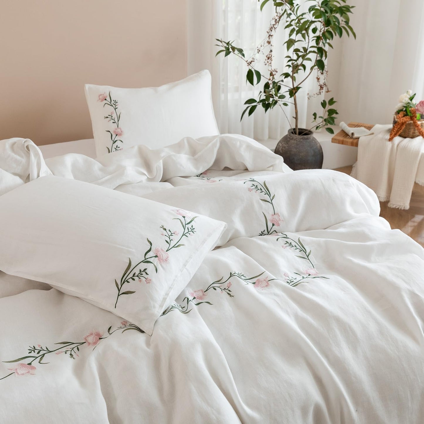EVERLY 100% Pure Linen Duvet Cover Set Queen Size90X90Inch 3pcs (1 Duvet Cover,2 Pillowcases) Soft and Breathable for All Season with Coconut Button Closure, Suitable for Hot Sleepers-Linen-Queen
