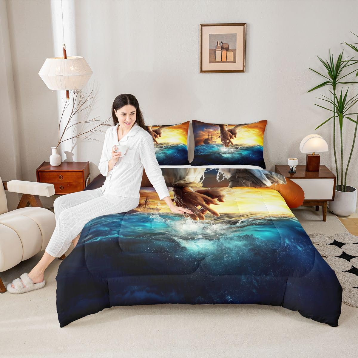 Manfei The Hand of God Girls Bedding Set Twin Size,God Reaching Into Water Comforter Set,Western Blue Ocean Bible Quilt Comforter Girls Boys Teens,Blue Orange Room Decor All Season,1 Pillowcase