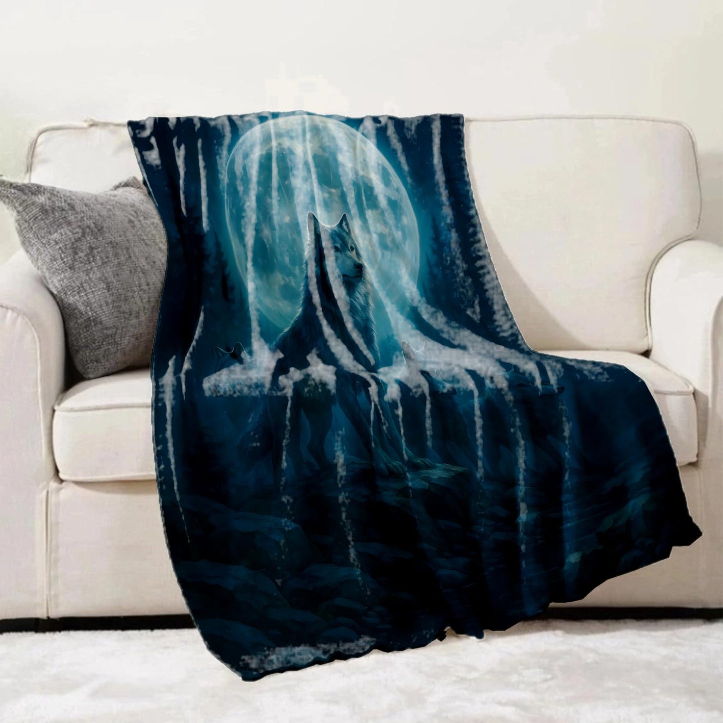 Turamurra Wolf Throw Blanket Gifts for Adults Kids, Full Moon and Forest Wolves Blankets for Living Room Bedroom Decor, Fuzzy Warm Flannel Plush 50"x60"