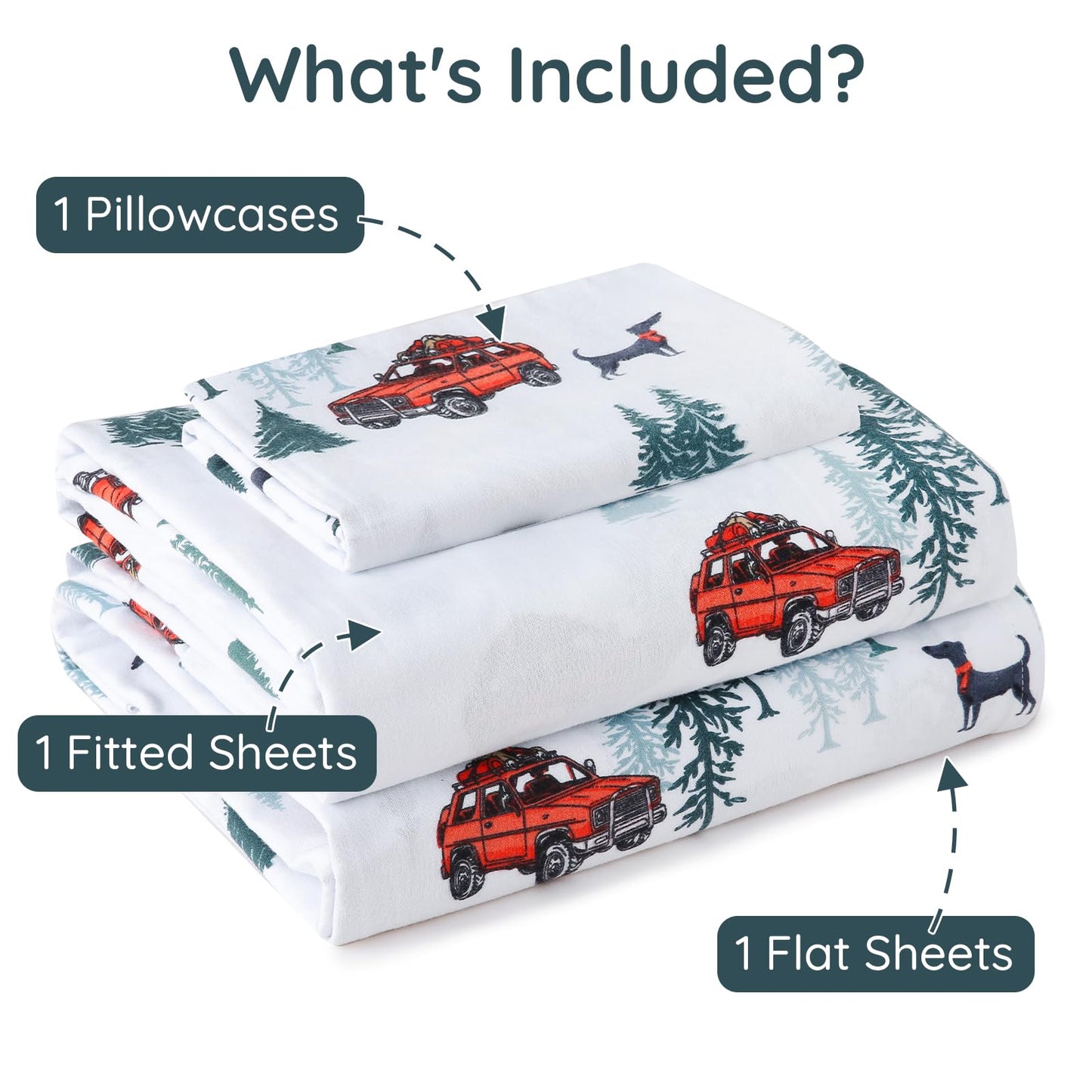 LONAVA 100% Cotton Flannel Sheet Set 4 Pieces, Heavy-Duty Fluffy Flannel Design, Thermal Lock Technology, 16 inch Deep Pocket Cozy Soft Bedsheets,(Twin,Forest Jeep)