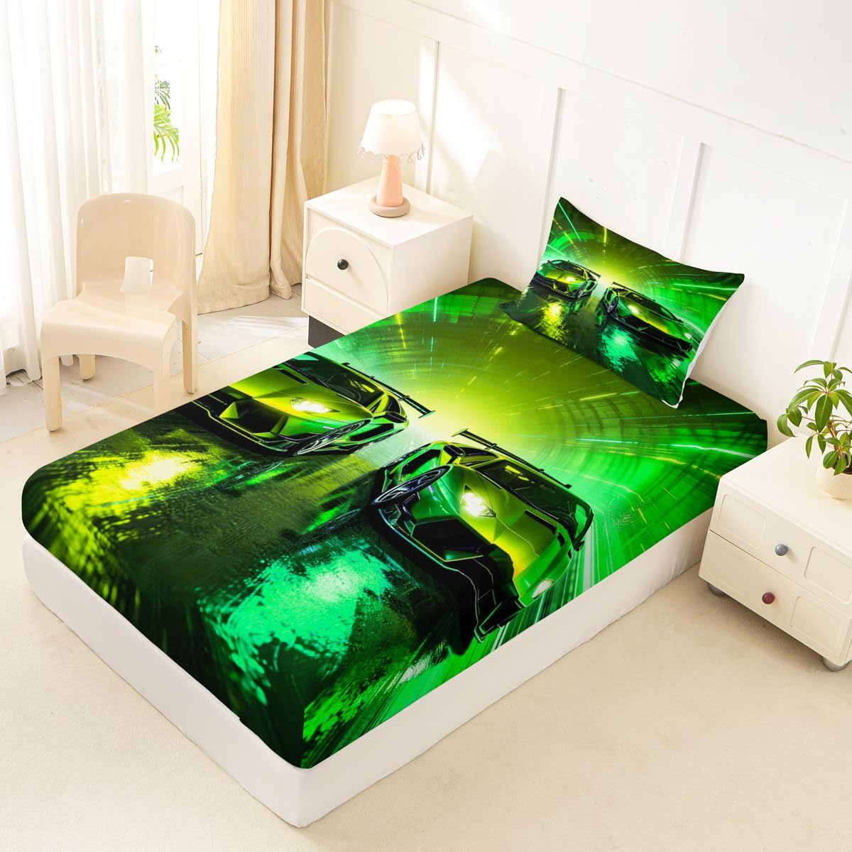Feelyou Green Racing Car Fitted Sheet with 1 Pillowcase Twin Size Boys Sports Car Bed Sheets Set 16" Deep Pocket Boys Girls Speed Sports Bedding Teens Bedroom Decor Breathable Soft Lightweight