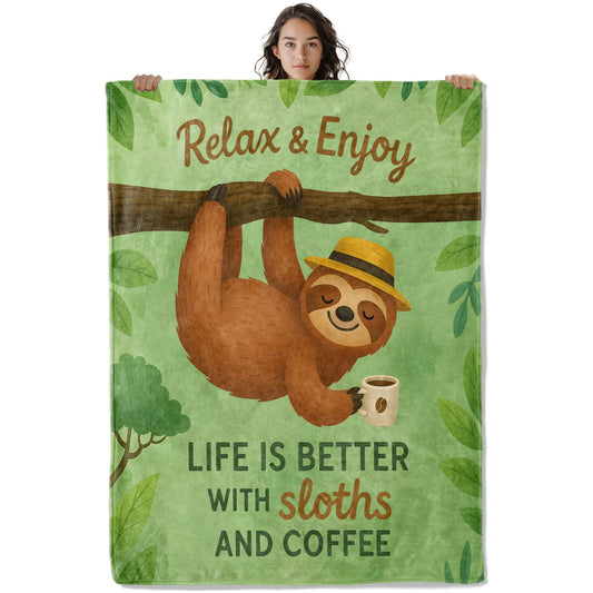 Relaxed Sloth Blanket, 60 x 50 Inch Flannel Cute Sloths Coffee Vibes Forest Animal Throw Blanket, Gifts for Women Girls Boys Adults Kids, Lightweight Cozy Warm Blankets for Sofa Travel Home Decor