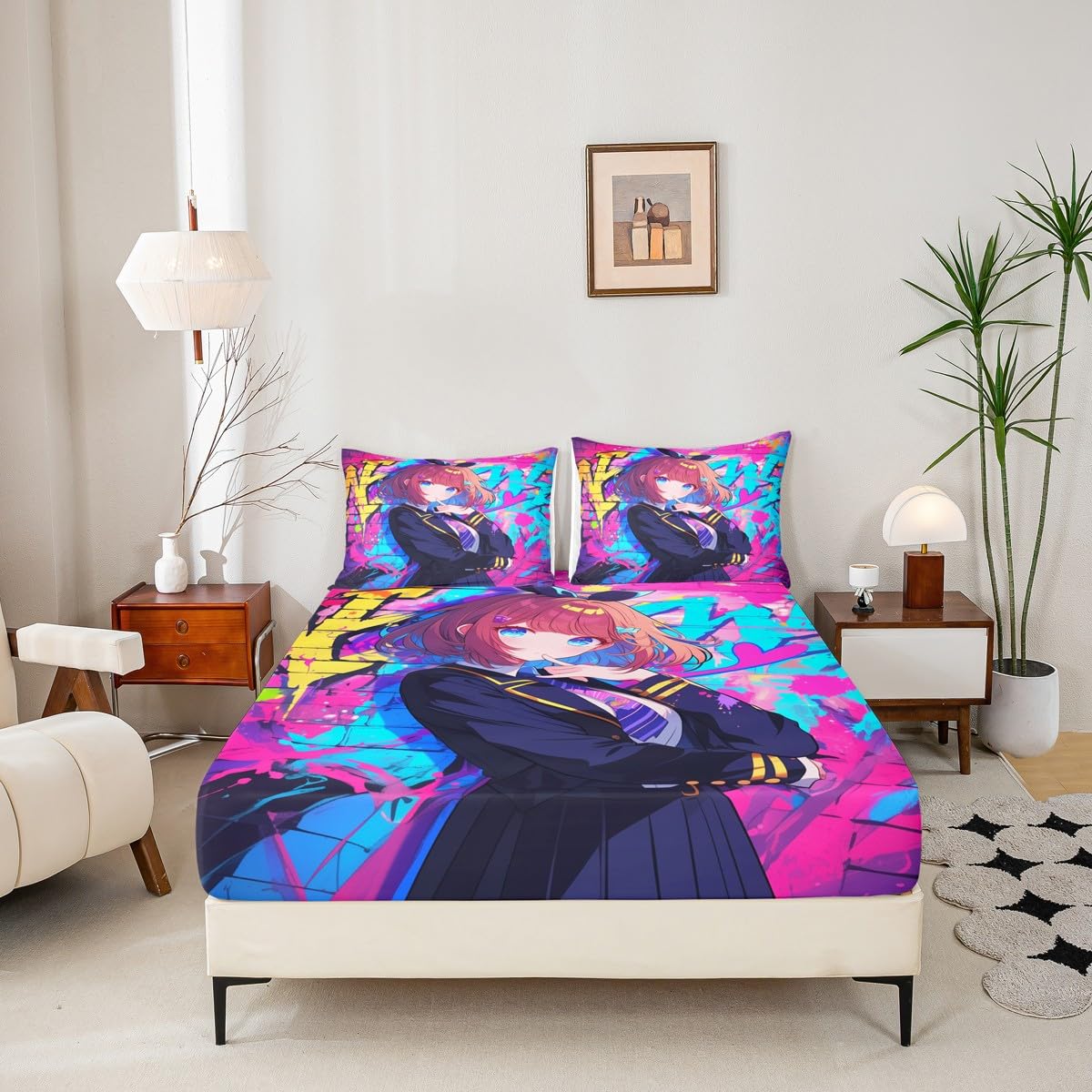 Erosebridal Girls Japanese Anime Bedding Set Full, Kawaii Anime Girl Fitted Sheet Cartoon Girl Bed Sheets for Kids Teens Adult, Japanese Animation Sci Fi Style Sheets, 2 Pillow Cases