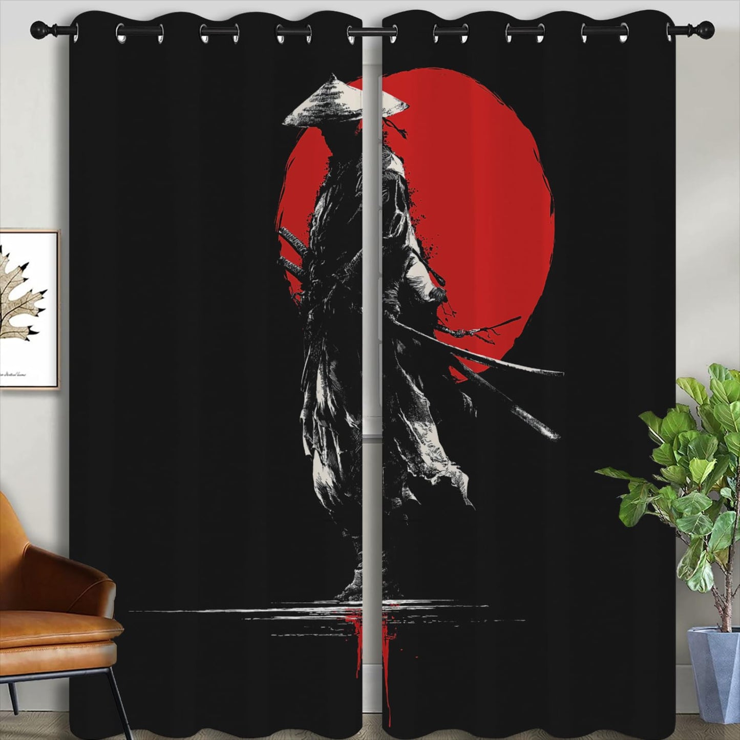 PYMATYTN Japanese Samurai, Blackout Curtains for Boys Girl Bedroom Home Decor, Asian Style Anime Red Sun Ink Painting Thermal Insulated Grommet Darkening Living Room Window Drapes, 84 x 63 inch