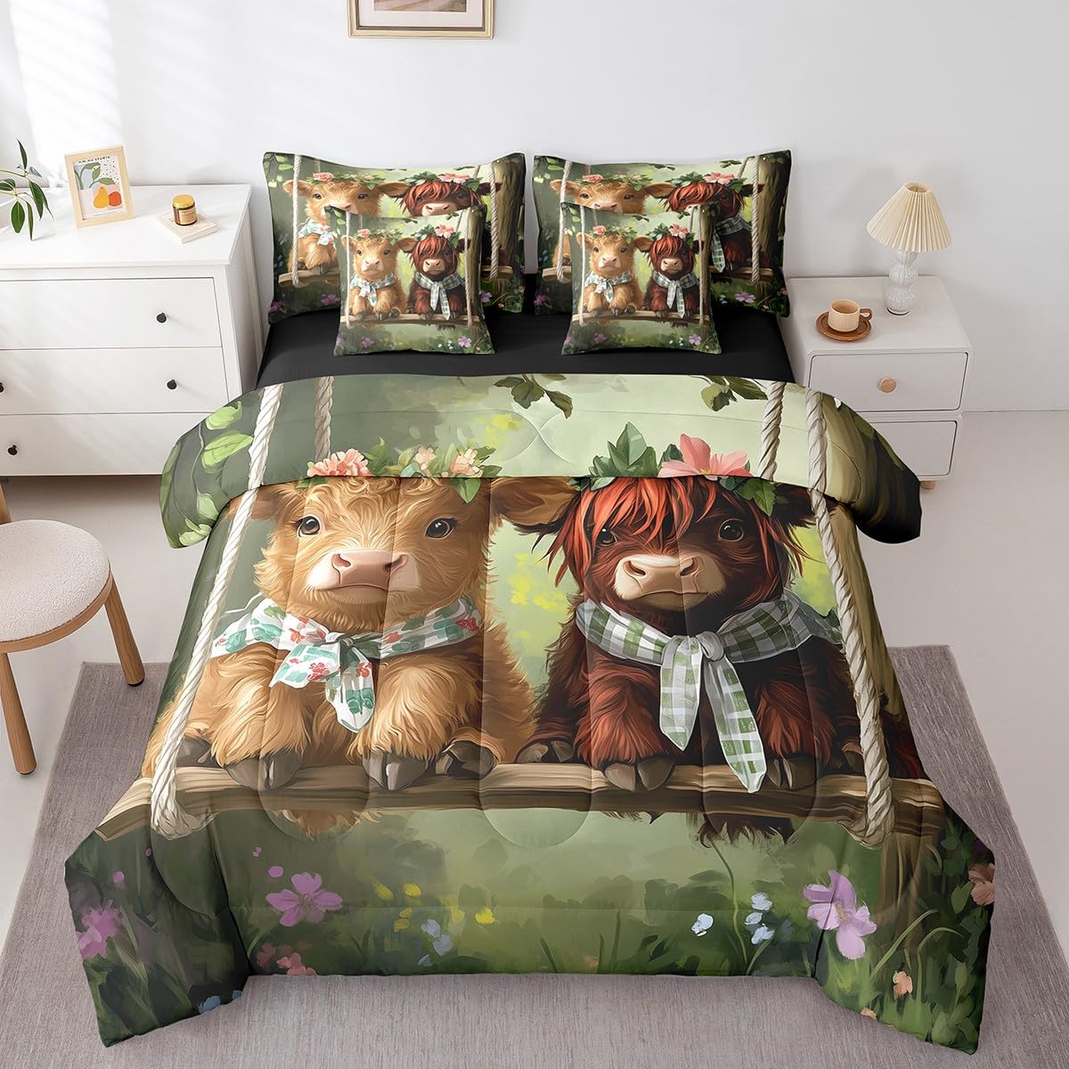 Erosebridal Highland Cow Comforter Set King Size,Western Cow Bedding Set for Kids Teens,Farmhouse Animal (Comforter+Fitted+Flat Sheet+2 Pillowcases+2 Throw Pillow Covers) 7 Pieces Bed Set