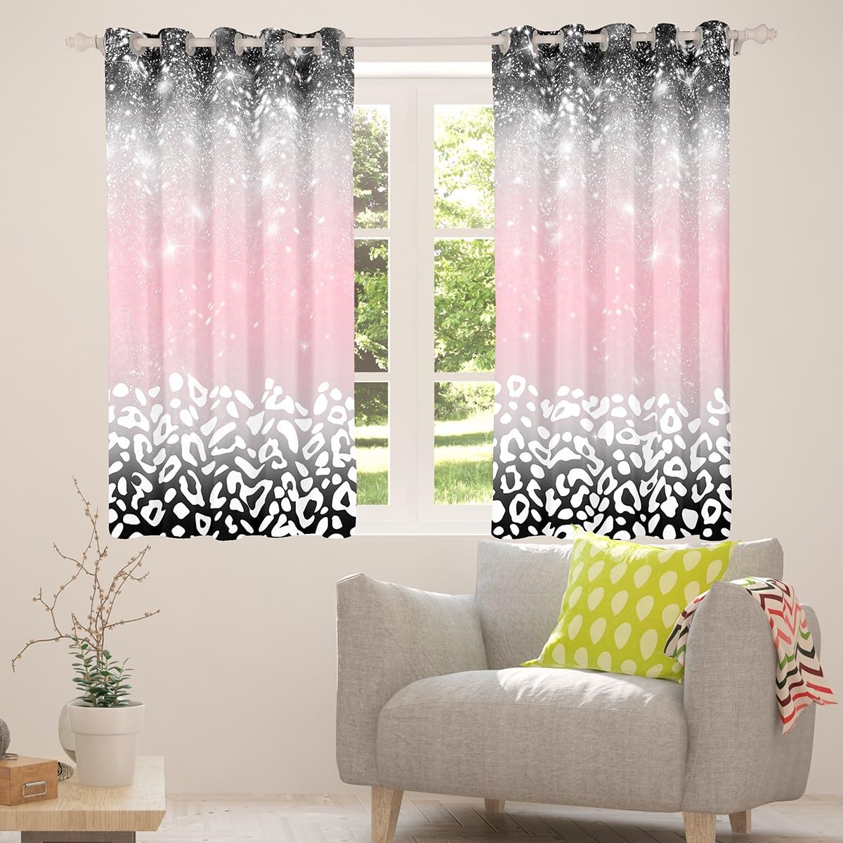 jejeloiu Leopard Print Curtains for Bedroom Living Room (2 Panels, 42 x 63 Inch) Kids Pink and Black Blackout Curtains Glitter Pattern Darkening Drapes Gradient Stryle Window Treatments
