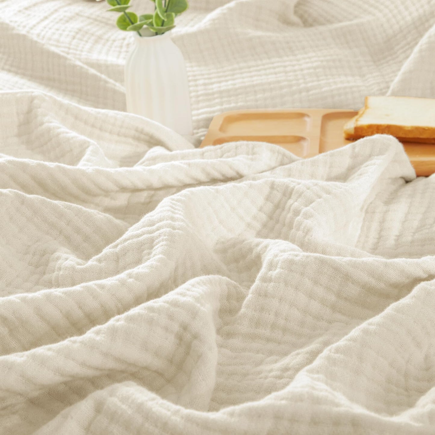 PHF 100% Cotton Muslin Throw Blanket 50" x 60", 4-Layer Lightweight Gauze Throw, Breathable Cloud-Soft Minimalist Blanket for Bed, Couch, Camping, Birch, Ideal Gift