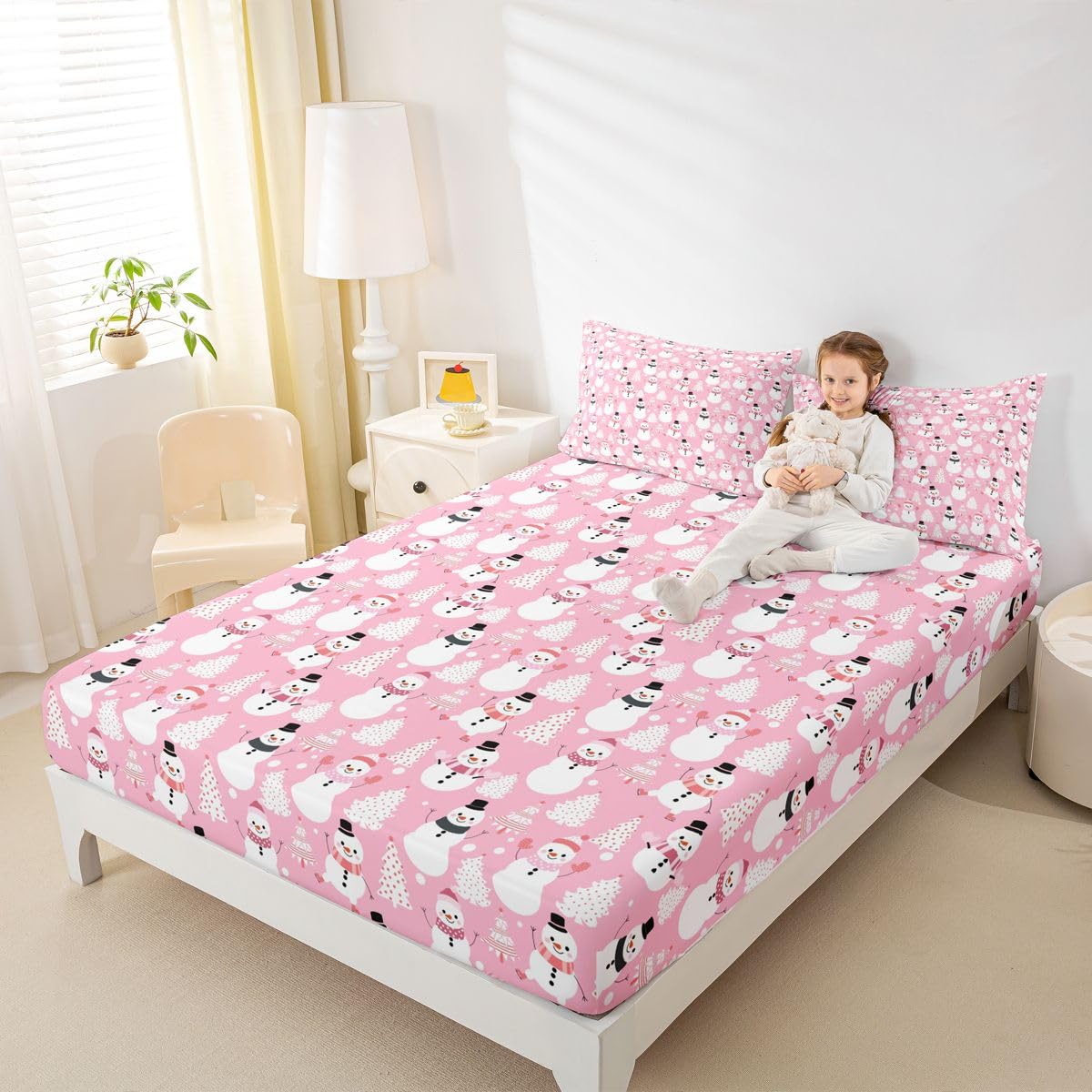Erosebridal Kawaii Bedding Sets Twin Cute Cartoon Snowman Fitted Sheet for Kids Child Girls Pastel Pink Merry Christmas Tree Bed Sheets Snowflake Bedding Decor Set Xmas Decorations