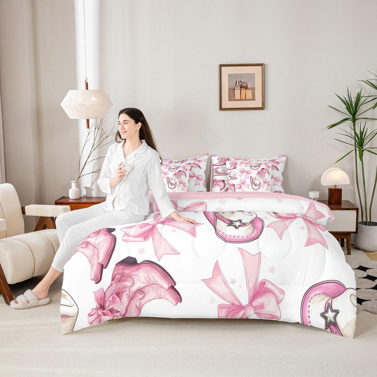 Erosebridal Bow Pink Western Cowgirls Full Comforter Set 7 Pieces | Starry Kawaii Bowknot Bed in A Bag for Bedroom Cute Hat Boots Bedding Set with Comforters Cute Hat Boots Room Decor