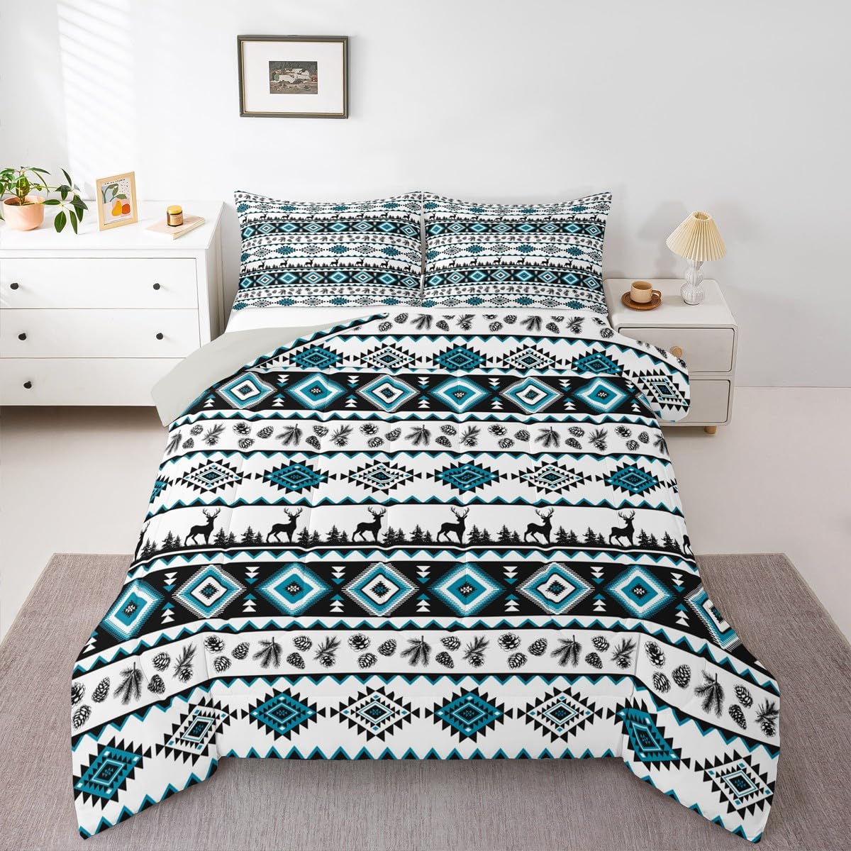 Deer Silhouettes Comforter Set Queen Size ,Aztec Abstract Geometric Print Down Alternative Adults Room Decor,Western Elk Animals Southwest Tribal Ethnic Ultra Soft Microfiber Inner Fill 3Pcs Bedding