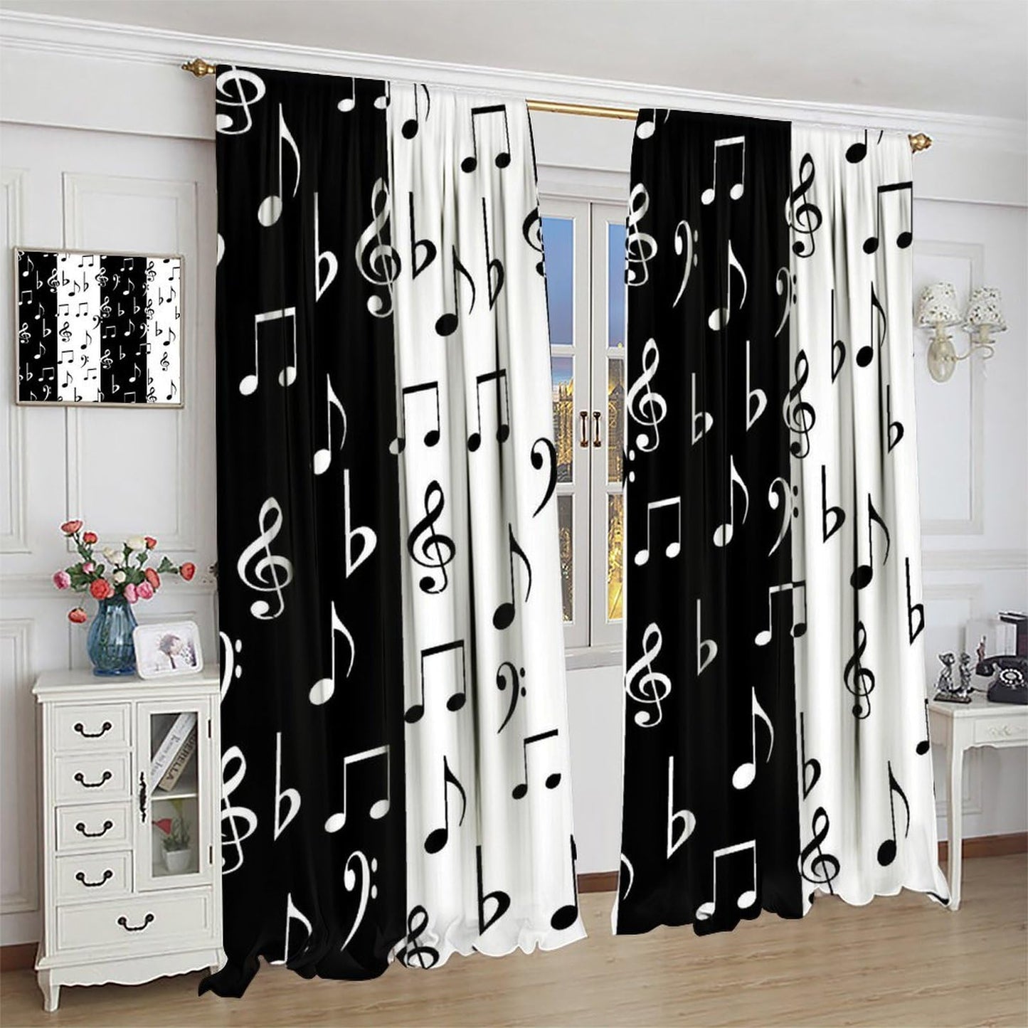 HZOHNAGO Music Curtain Black and White Music Notes Pattern Blackout Print Rod Pocket Window Drapes for Bedroom Living Room 42x45in