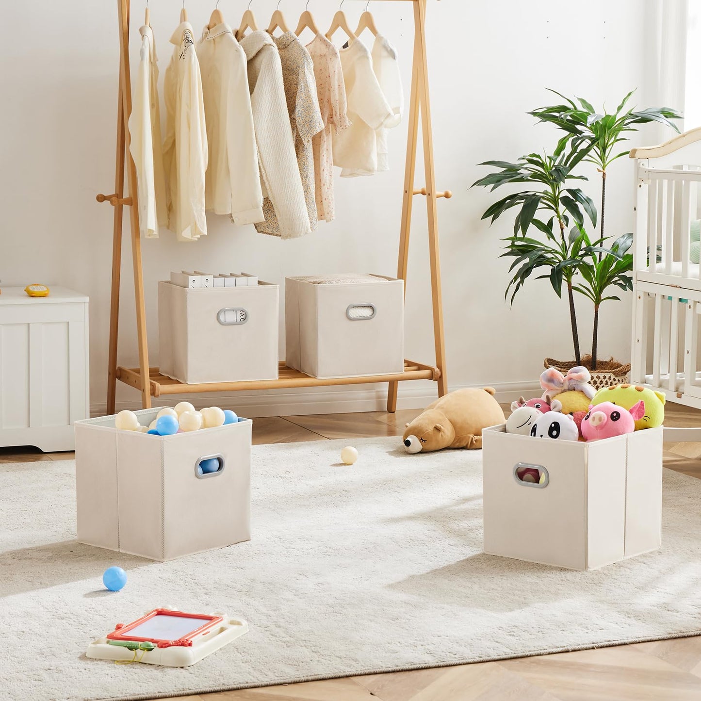 MAX Houser 6 Pack Foldable Fabric Storage Bins with Handles - Ideal for Closet Organization, Bedroom （Beige,12"x12"x12"）
