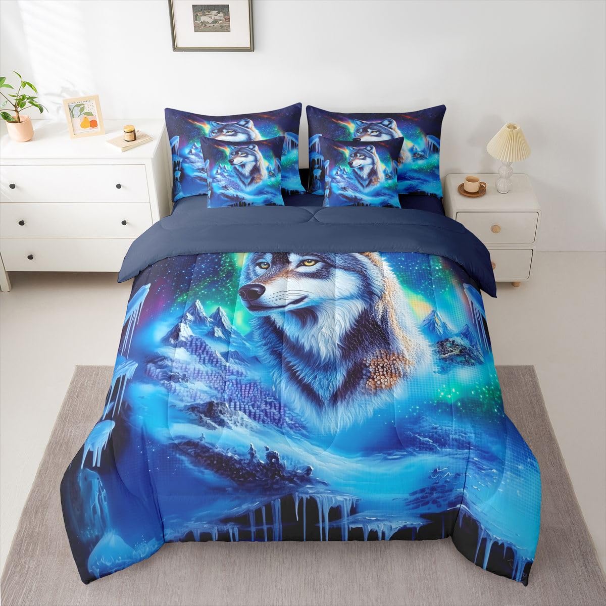 Feelyou Wolf Comforter Set with Sheets 7 Piece Queen Size Wolves Howling Bedding Set for Kids Boys Girls Western Farmhouse Bed in a Bag Wild Animal Room Decor Soft Microfiber