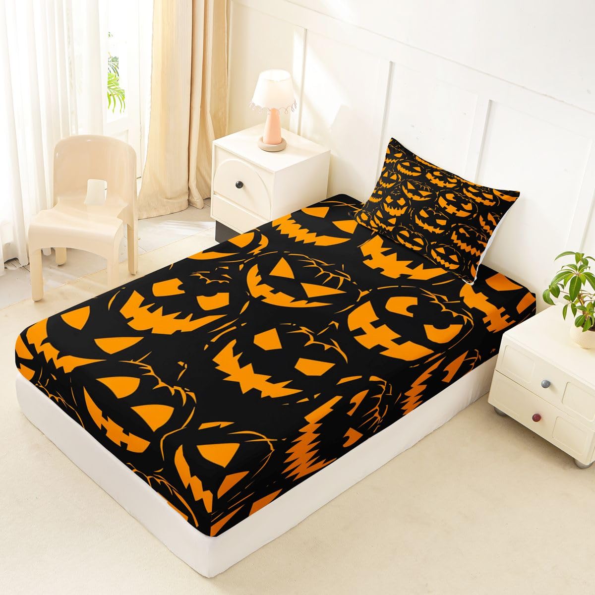 Feelyou Spooky Pumpkin Fitted Sheet with 1 Pillowcase Twin Size Halloween Themed Bed Sheets Set 16" Deep Pocket Boys Girls Trick or Treat Bedding Teens Bedroom Decor Lightweight Microfiber