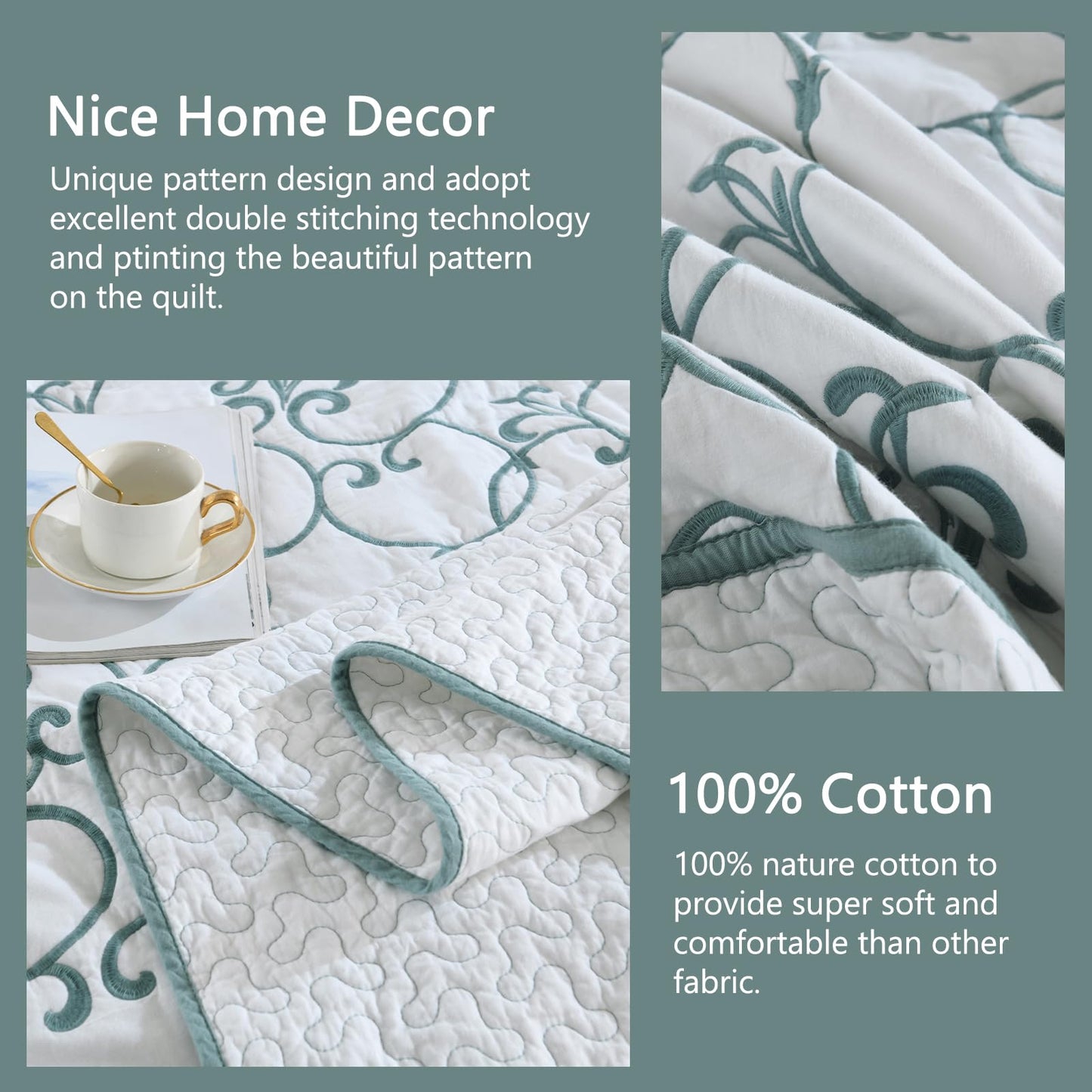 Finlonte Oversized King Bedspread 120"x120" - 100% Cotton Vine Embroidery King/Cal King Quilted Bedspread, White Bedspread Coverlet Blue Vine, Lightweight Extra Large Quilt Set with 2 Pillowshams