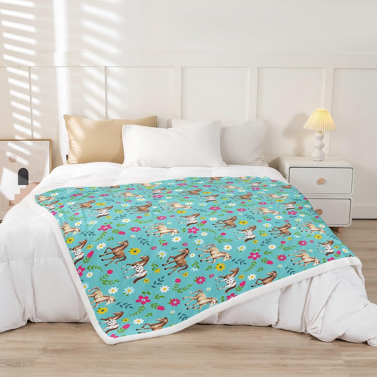 Erosebridal Horse Fleece Blanket Boho Floral Sherpa Blanket 90"x90", Watercolor Flowers Western Farmhouse Farm Animals Fuzzy Plush Throw