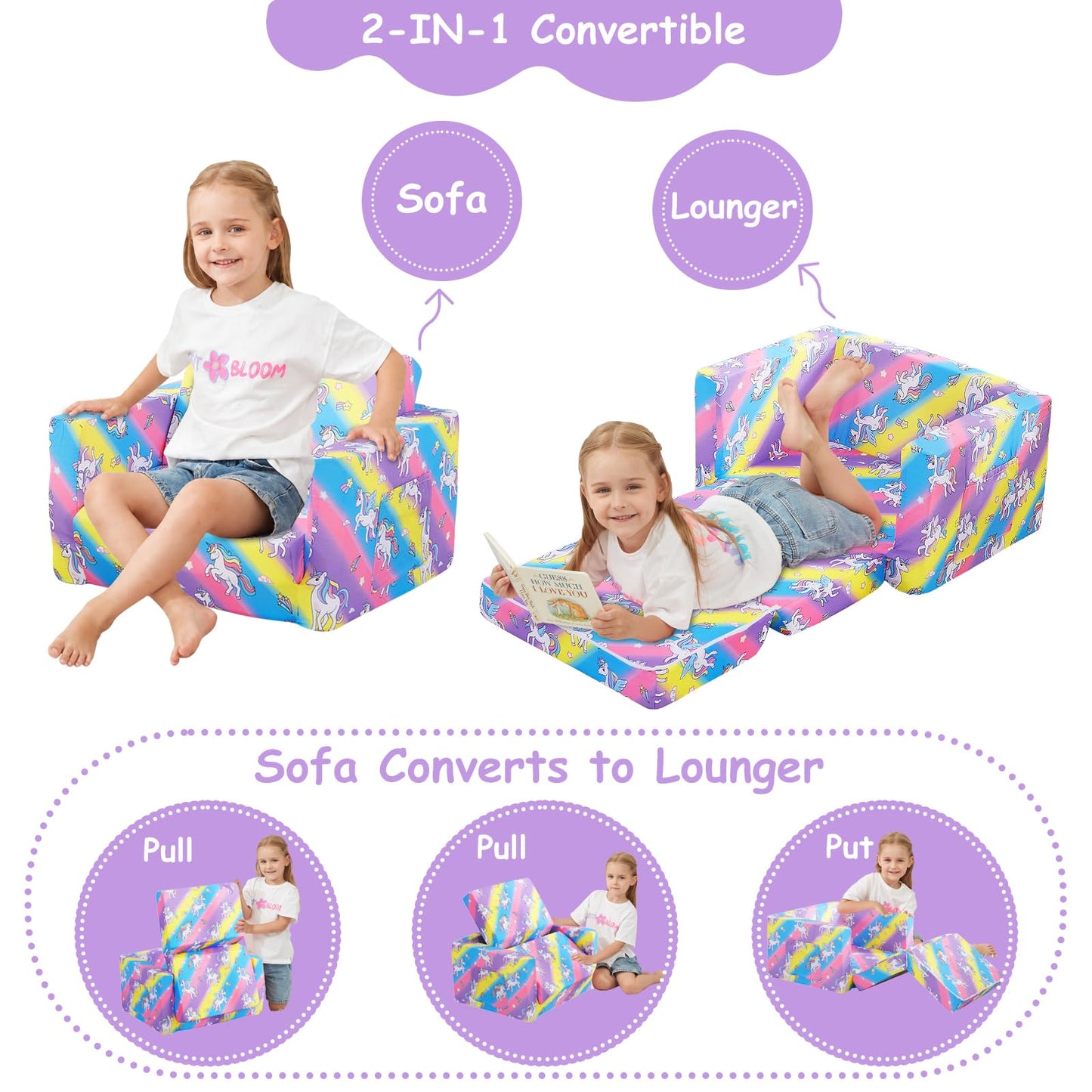 Viviland Toddler Chair, 2-in-1 Kids Couch Bed, Toddler Chairs Comfy 1-3 Years Old Fold Out Convertible Soft to Lounger, Colorful Rainbow Unicorn Baby Couch