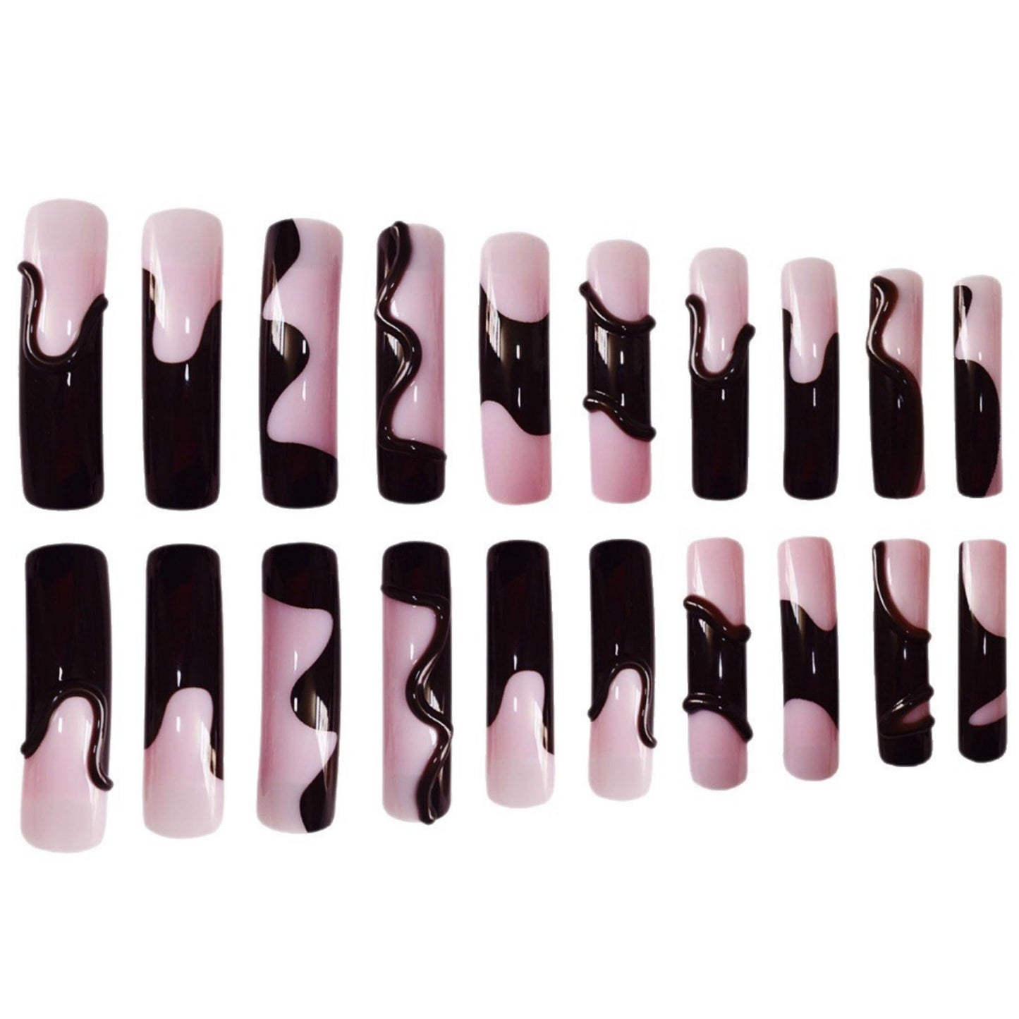 Curved Press on Nails Extra Long Fake Nails Pink Artificial Nail Black Charm Designs Stick on Nail 20pcs