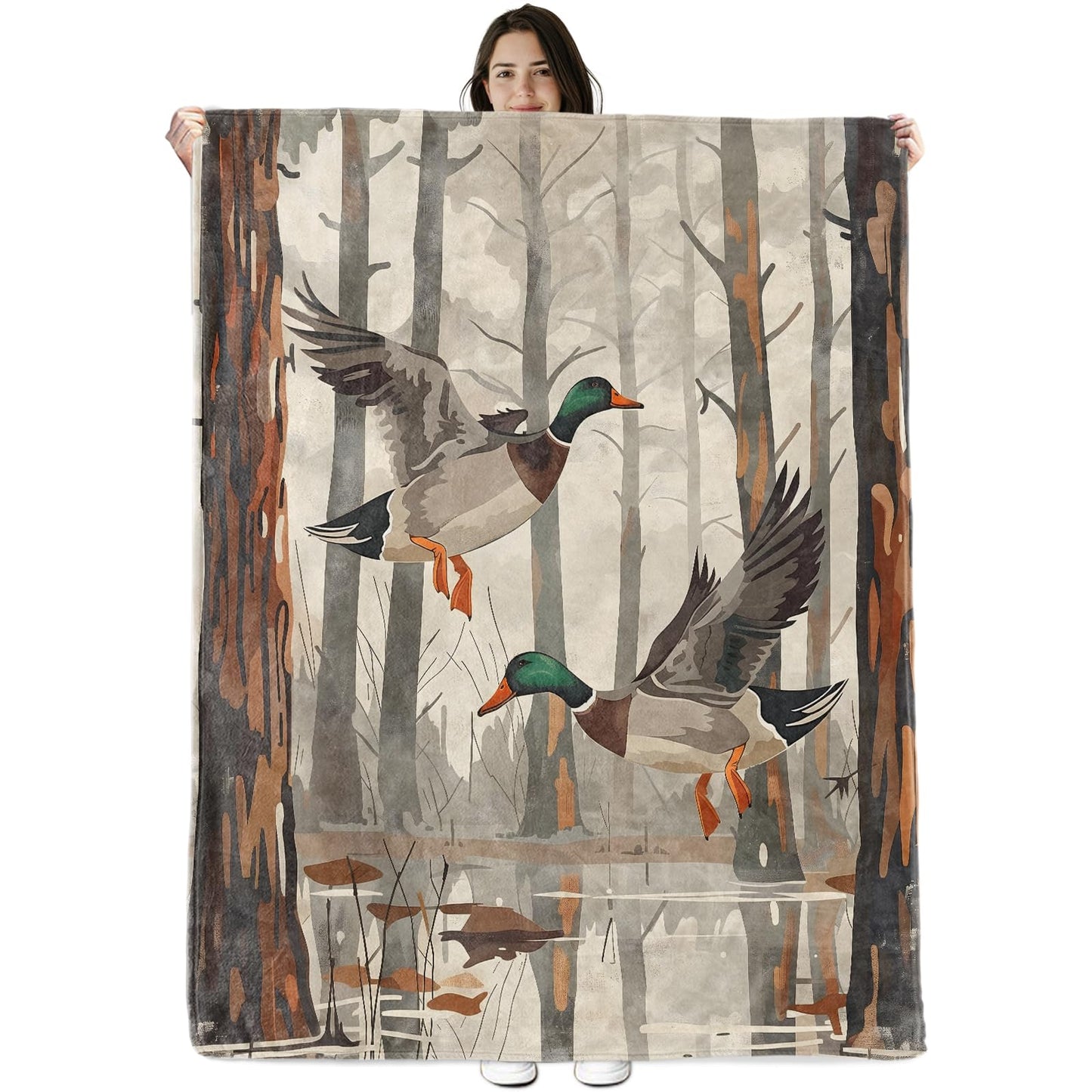 Mallard Duck Blanket Gifts for Boys Girls Kids, Flying Ducks in Forest Wetland Warm Soft Flannel Throw Blankets for Travel, Sofa, Room, Bedroom Birthday Christmas Spring Decor, 50x60 in