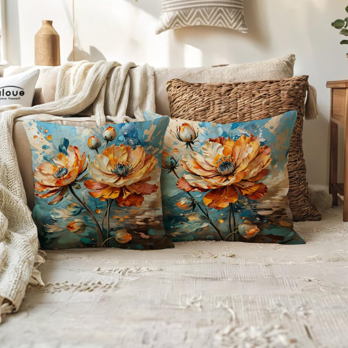 2Pack Flowers Decorative Pillow Covers Modern Orange Poppy Design Cushion Covers Oil Painting Pretty Floral Pillowcases 18 x 18 Inch Farmhouse Spring Summer Decorations (Orange/Blue)