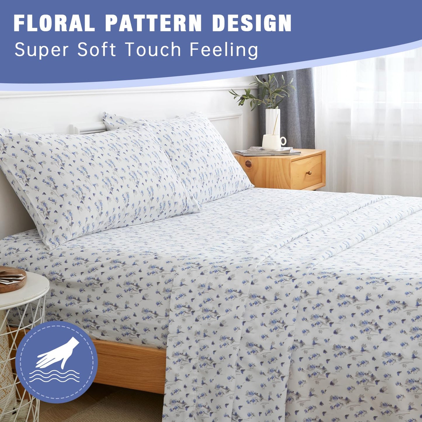 California King Sheet Set 4PC Printed Light Blue Flower Pattern Double Bed Luxury Cooling Soft 100% Microfiber Brushed Sheets 17” Deep Pocket, Easy Care, Breathable, Wrinkle Free, Machine Washable