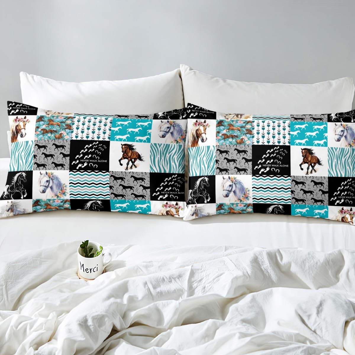 Horse Sheet Set King,Western Farmhouse Bed Sheets for Girls,Boho Arrow Teal Zebra Stripe Bedding Sheets for Teens Boys Women,Rose Flower Rustic Cowboy Fitted Sheet & Flat Sheet Black White 3 Pcs