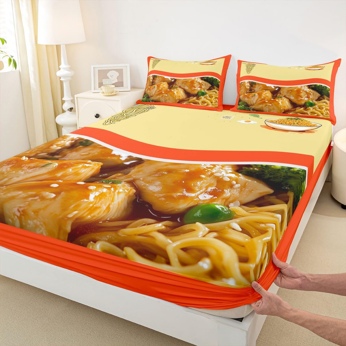 Feelyou Japanese Ramen Bed Sheets Set Twin Size Pulled Noodles Sheet Set for Kids Boys Girls Decor Pork Noodles Sheets with Deep Pocket Fitted Sheet Microfiber Cute Bedroom