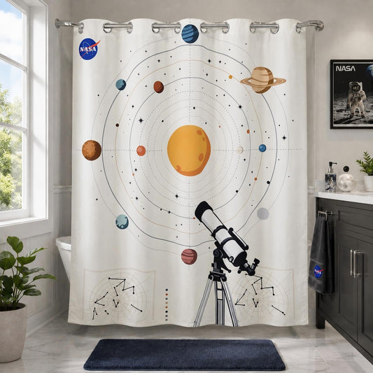 DRIFTED ROOT NASA Licensed No Hook Shower Curtain Set, Orbits and Telescope Design, Space Poster Art, Oxford Cloth, Bathroom Hotel Decor (Home Observatory-White, 72" W x 74" L (Pack of 1))