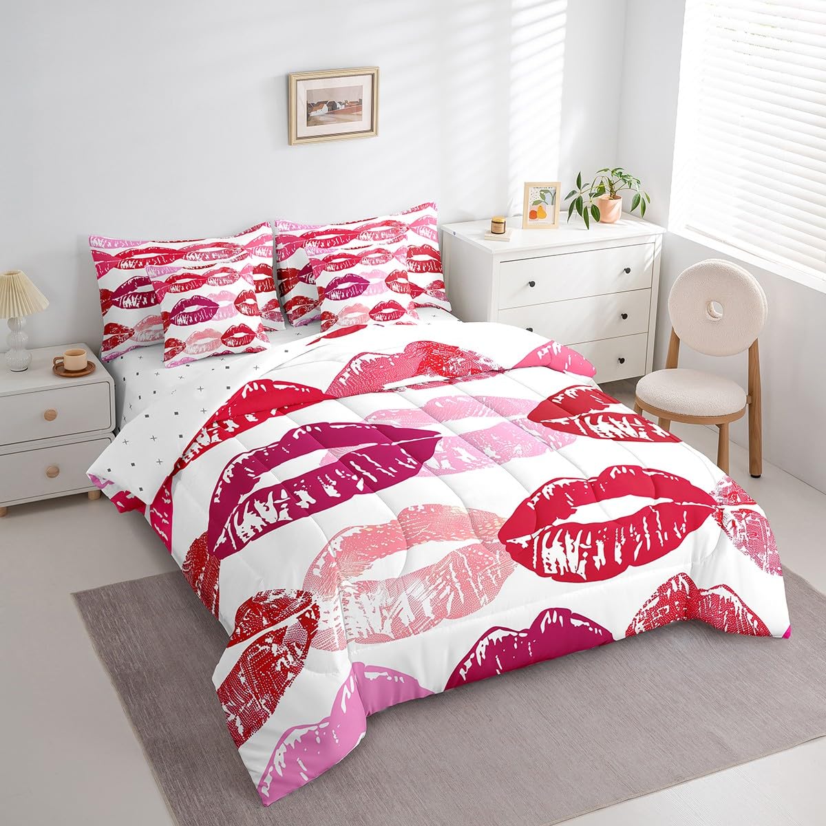 Erosebridal Red Pink Lip Comforter Set for Girls Teens Women 3D Mouth Print Bedding Sets 7 Piece Twin Fashion Lip Bed in A Bag Boys Modern Abstrict Art Quilt with Flat Fitted Sheet All Season
