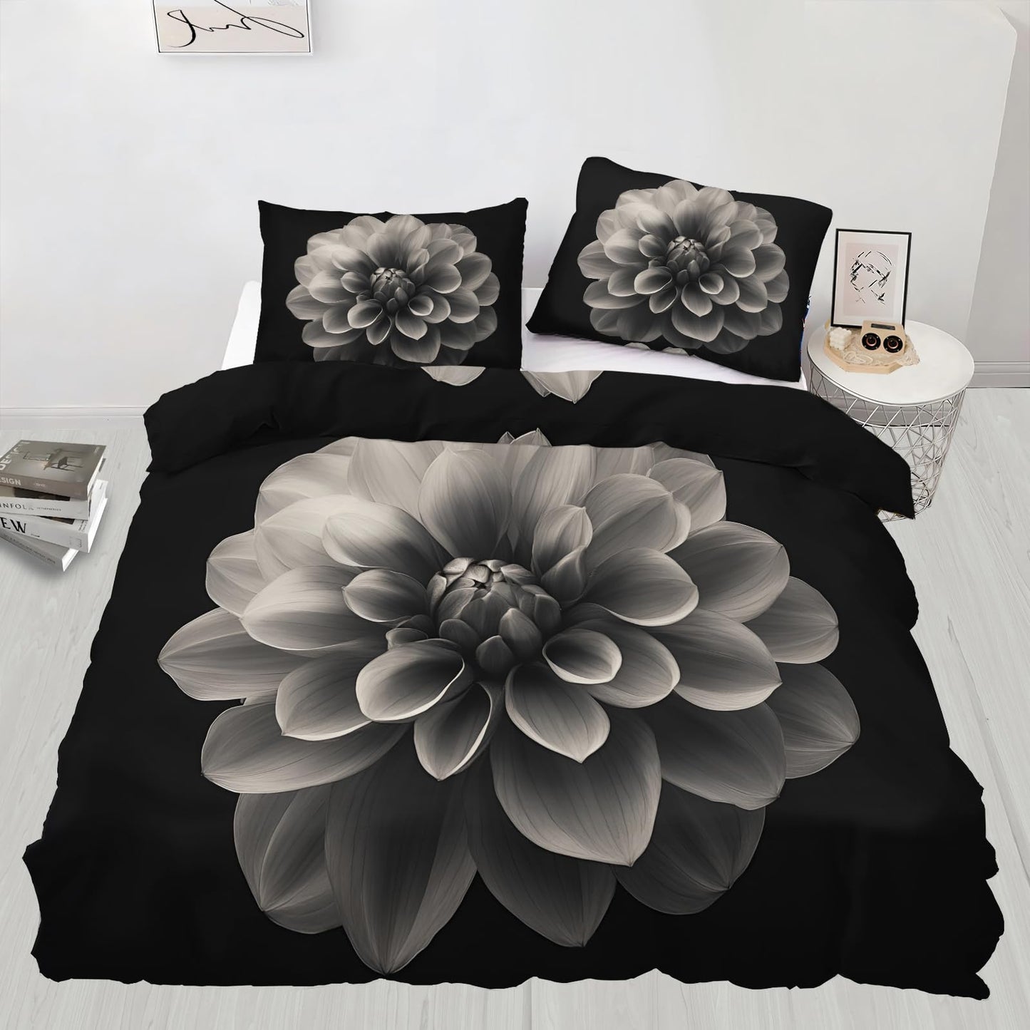 PAISUOQ Dahlia Duvet Cover Queen, Gray Floral Bedding Sets, Nordic Flowers Comforter Cover with 2 Pillowcases, 3 Pieces with Zipper & Ties, Dorm Decor & Gifts