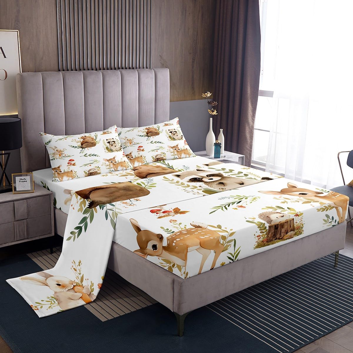 Erosebridal Woodland Animal Bed Sheets Twin Size Forest Deer Bear Sheet Set for Boys Kids Girls Cute Rabbit Hedgehog Raccoon Jungle Animal Bedding Set Cartoon Zoo Animals Flat Fitted Sheet