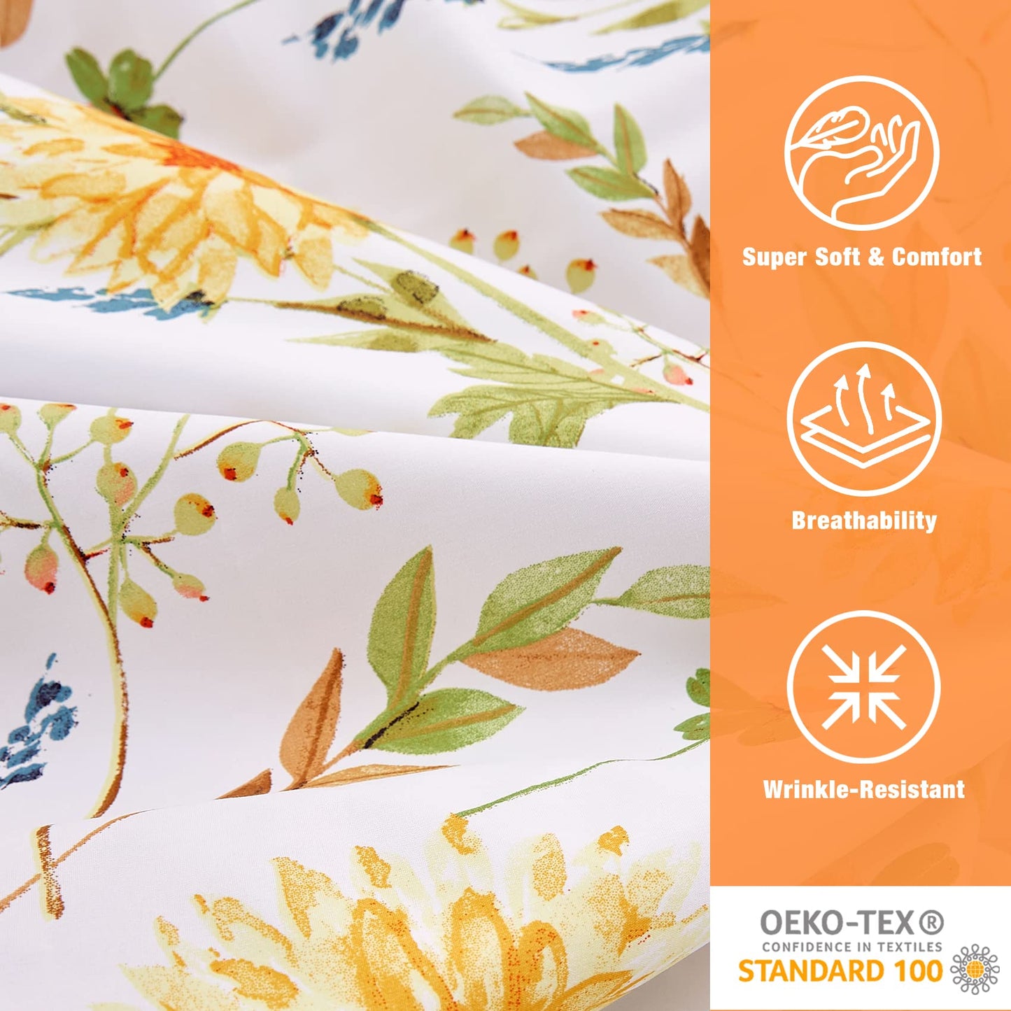 JSD Yellow Floral Printed Sheet Set Queen Size, 4 Piece Soft Botanical Microfiber Bedding Sheets Extra Deep Pocket