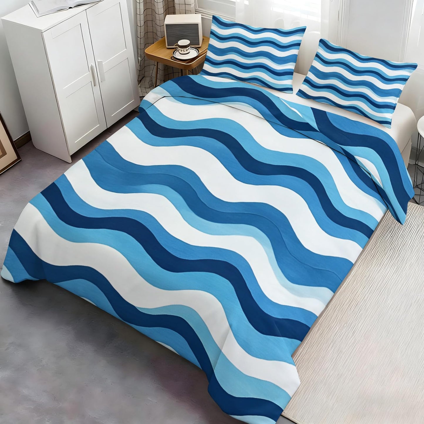GKPLY Waves Bedding Sets, Blue White Stripes Duvet Cover Full, Ocean Wave Comforter Cover with Zipper & Ties, 3 Pieces Quilt with 2 Pillowcases, Easy Care