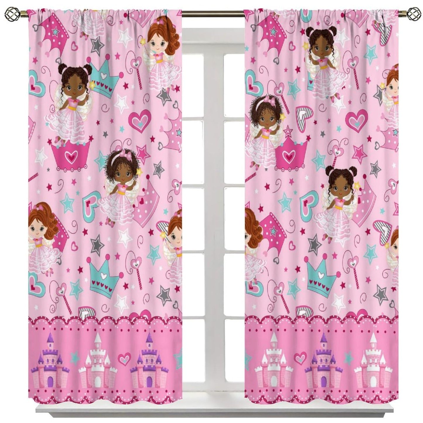 AAVEUP Kids Black Girls Curtains,Cartoon Pink Fantasy Magic Princess Castle Star Love African American Black Girl Window Treatments Drapes for Girls Living Room Bedroom 42x45in（No Blackout）
