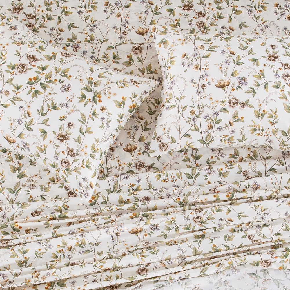 DAUAOTO 100% Cotton Bedding Printed Sheets Set for King Size Bed Up to 14" Deep Mattress, Farmhouse Pattern Bedlinen Sets, Botanic Green