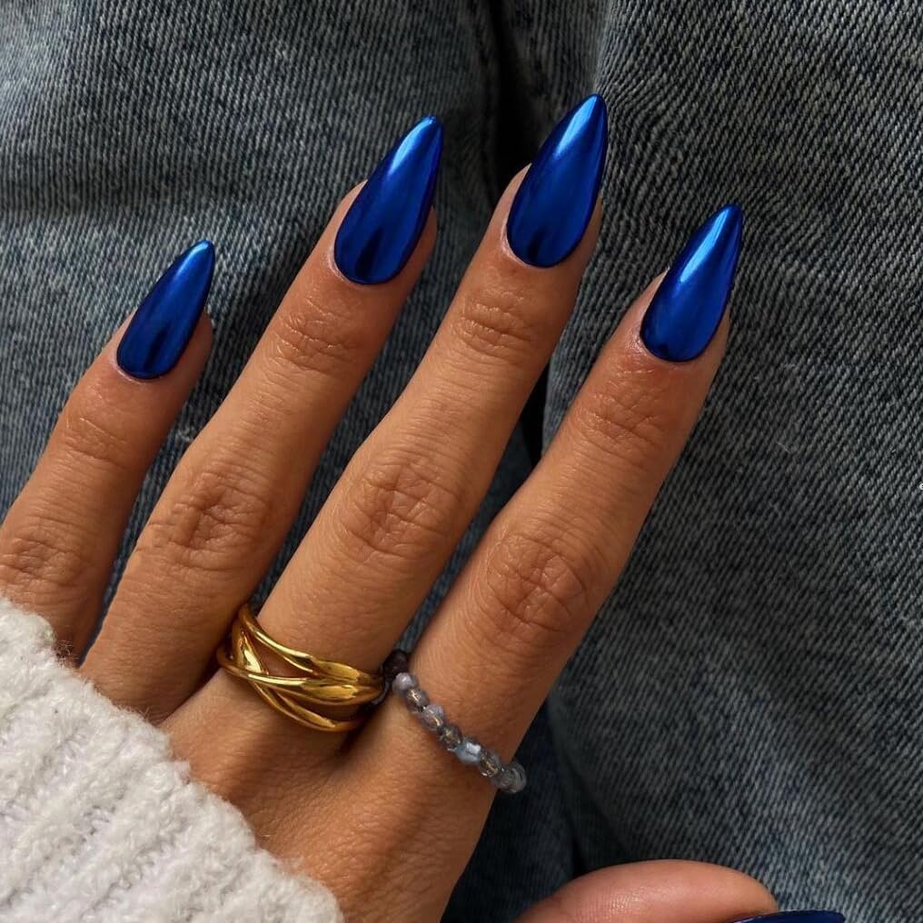 Royal Blue Chrome Press on Nails Medium Almond, KQueenest Mirror Metal Stiletto Fake Acrylic Nails with Bling Design, Dark Color Glue on Nails for Daily Party Wear, False Nails Press ons in24 PCS