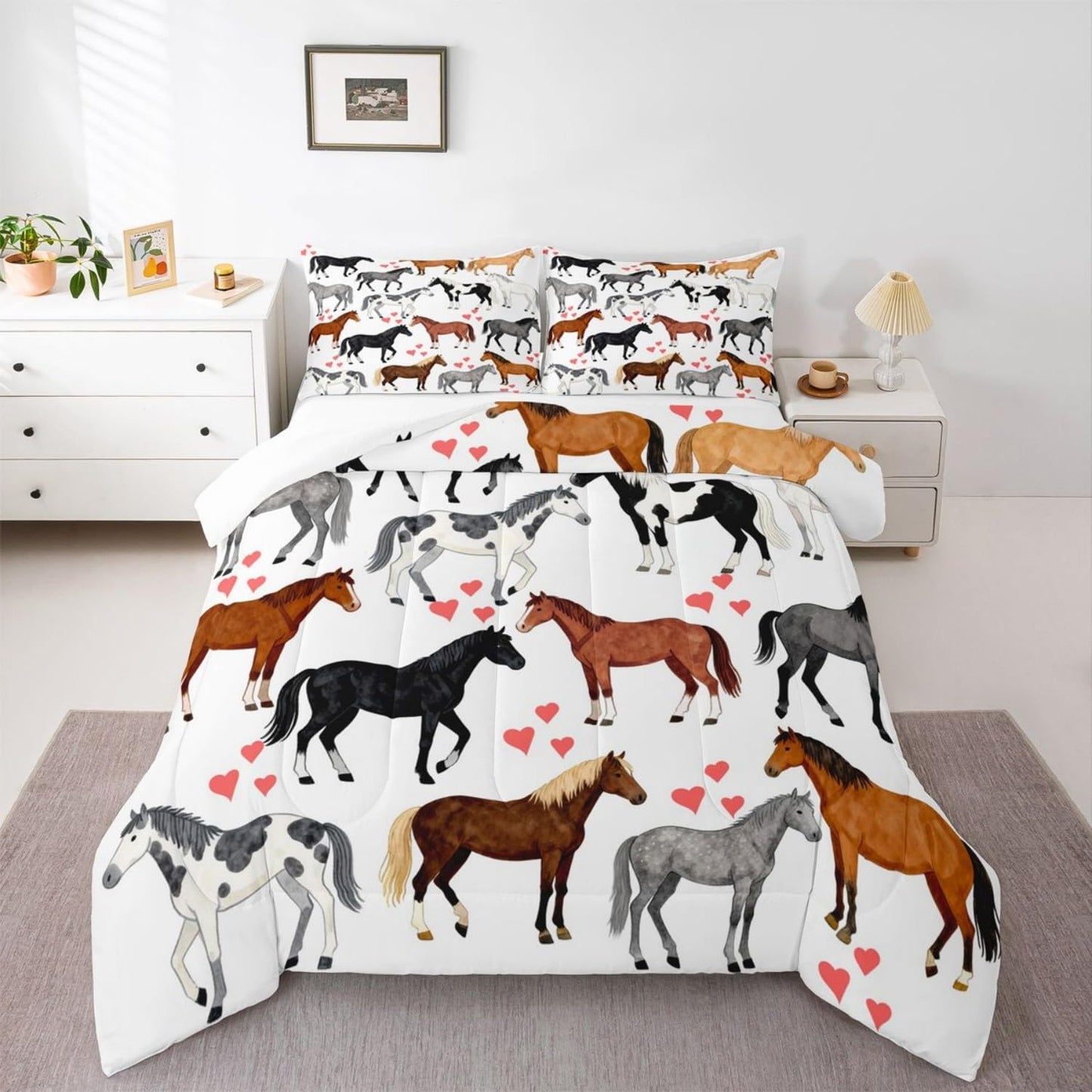 Erosebridal Kawaii Comforter Horse Comforter Set Queen Farm Bedding Set Kids Boys Girls Cute Animal Duvet Set Cartoon Horses with Pink Lover Heart Room Decor Duvet Set Cowboy Cowgirls Comforter Set