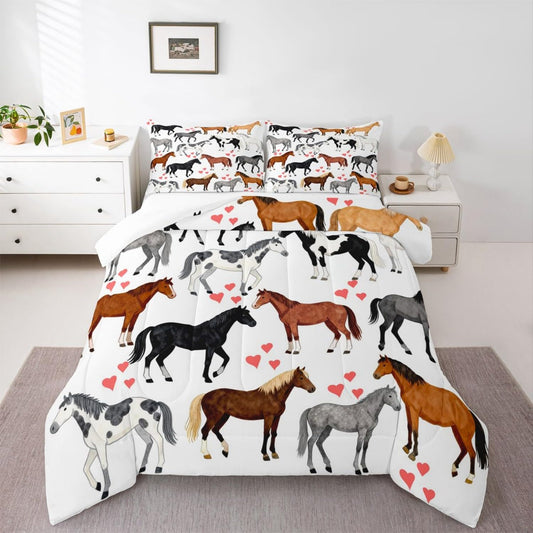 Erosebridal Kawaii Comforter Horse Comforter Set Queen Farm Bedding Set Kids Boys Girls Cute Animal Duvet Set Cartoon Horses with Pink Lover Heart Room Decor Duvet Set Cowboy Cowgirls Comforter Set