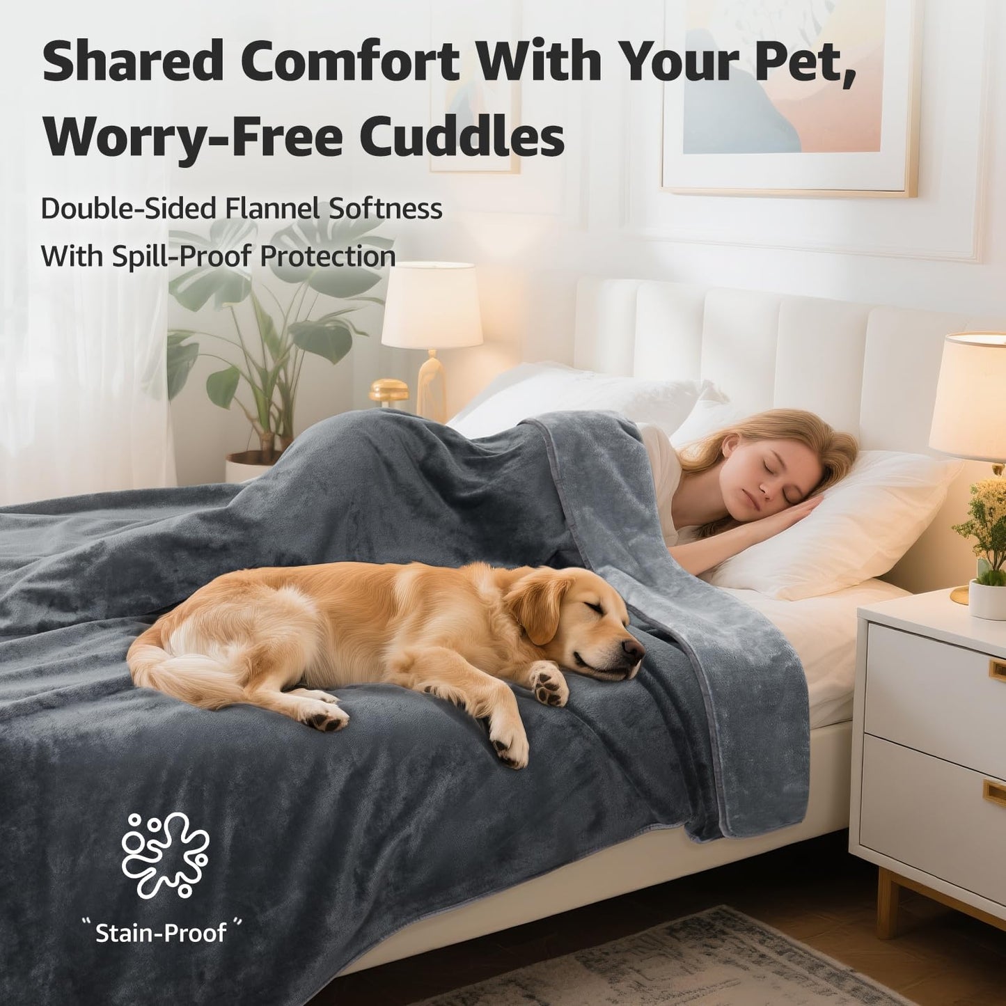 LOOBANI Waterproof Blanket for Bed: Reversible Soft Flannel Twin Bed Blanket 60" x 80", Leakproof Throw Spill-Proof Dog Pet Blanket for Couch Cover, Movie Time, Camping, Travel, Grey