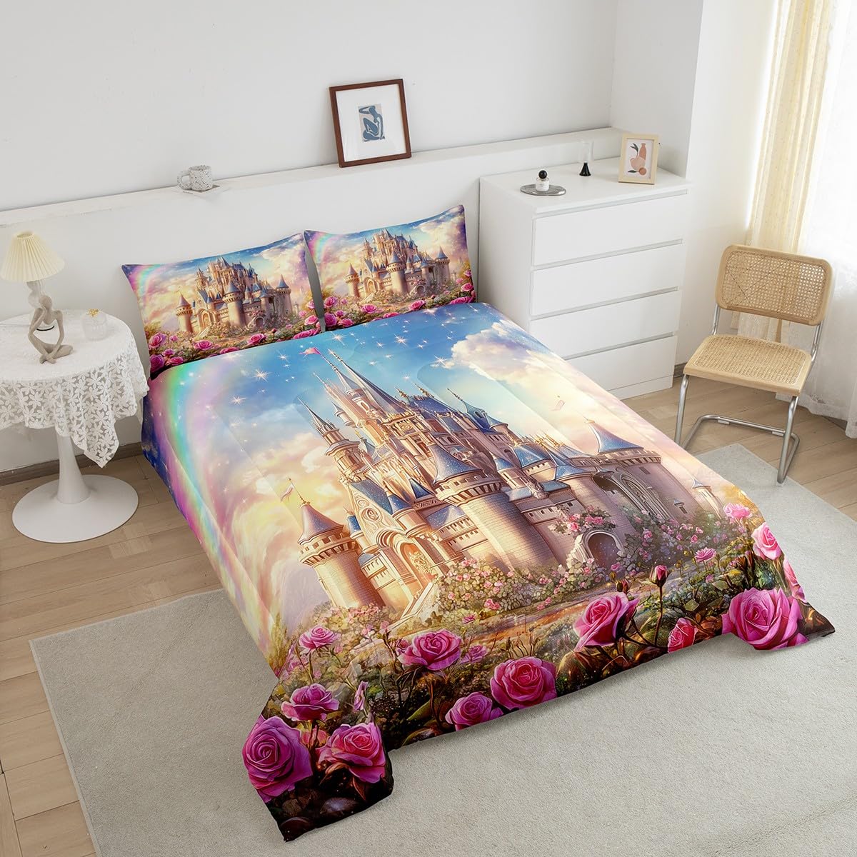Cartoon Castle Kids Comforter Set Twin Size,Rose Flowers Tale Princess Dreamy Bedding Set,Girls Women Room Decor,Starry Sky Cloud Romantic Down Comforter,Pink Fashion Duvet Insert,1 Pillowcase