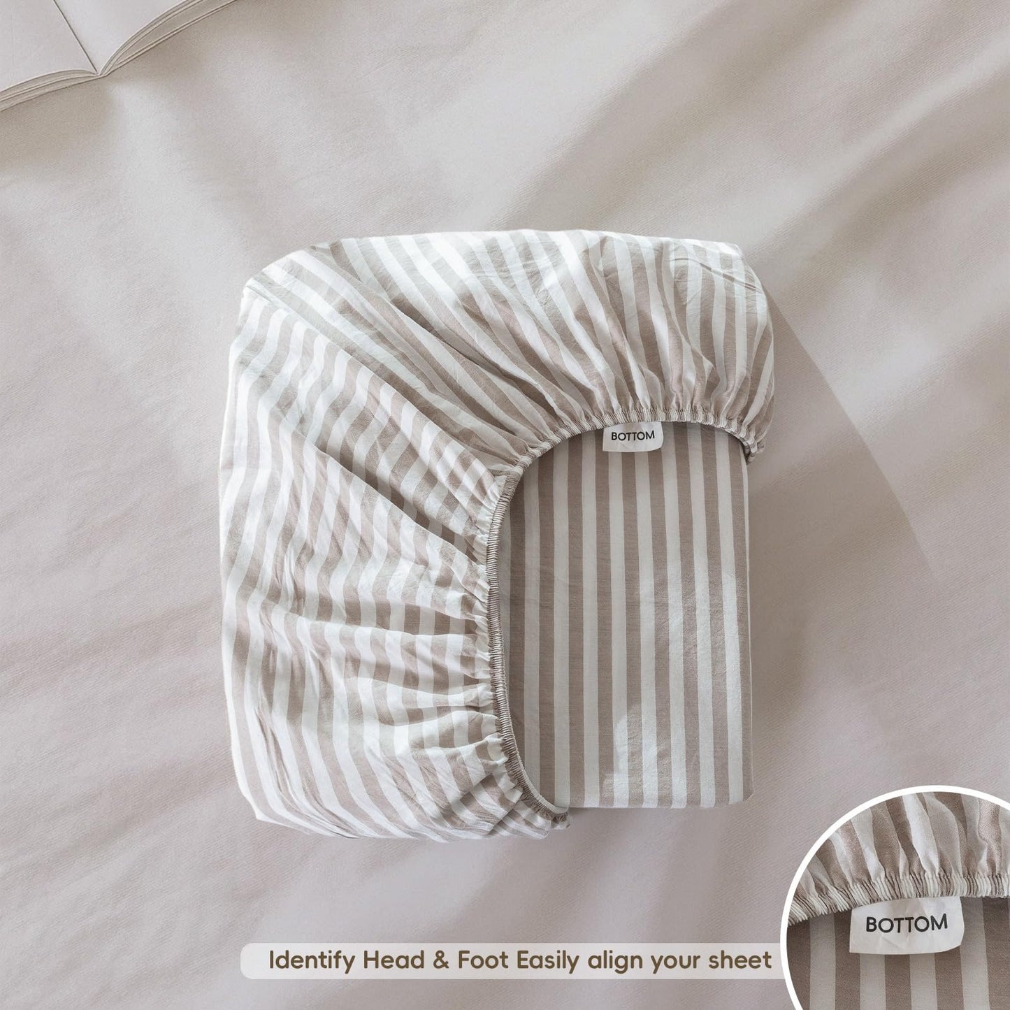 MooMee Striped Fitted Bottom Sheet Only 100% Washed Cotton Linen Like Textured Breathable Durable Soft Comfy Deep Pocket Fits Mattress up to 17" (Tannish Linen Grey White Classic Stripes, Queen)