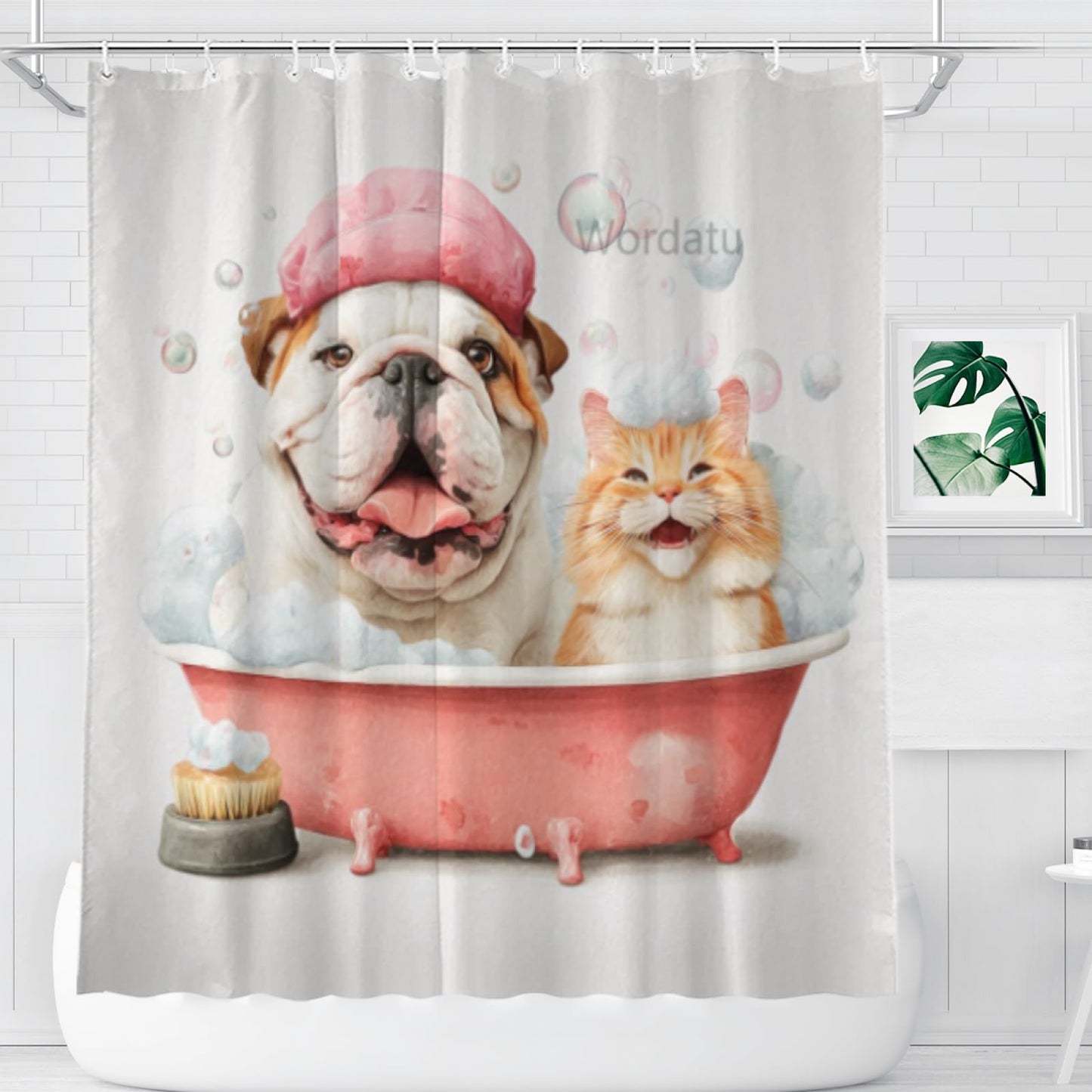 Wordatu Funny Bulldog- Shower Curtain Decor Fabric Bathroom Curtains, Kids Children Cartoon Waterproof 72x72 inch with 12 Hooks