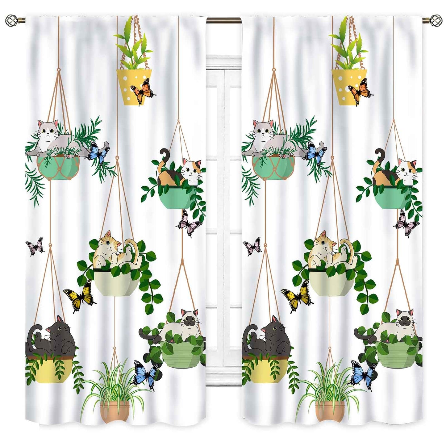 TKUYO Cat Curtains, Rustic Farmhouse Hanging Potted Plants Blacketplants Kitty Cute Lovely Cats Botanical Printed Sage Green Drapery for Bedroom Living Room Kitchen 2 Panels Set, 42"x45" Inch
