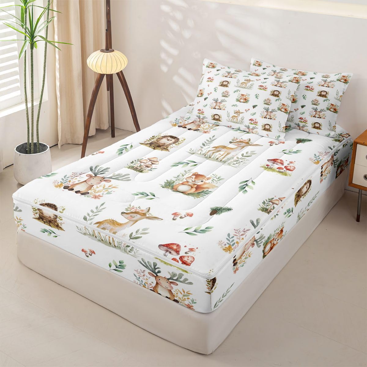 Erosebridal Woodland Animal Kids Zippered Comforter Set Kawaii Deer Hedgehog Squirrel Zipper Bedding Set Twin Size Cartoon Animals Bed in a Bag Cute Mushroom Pine Cones Leaves Comforter with Sheets