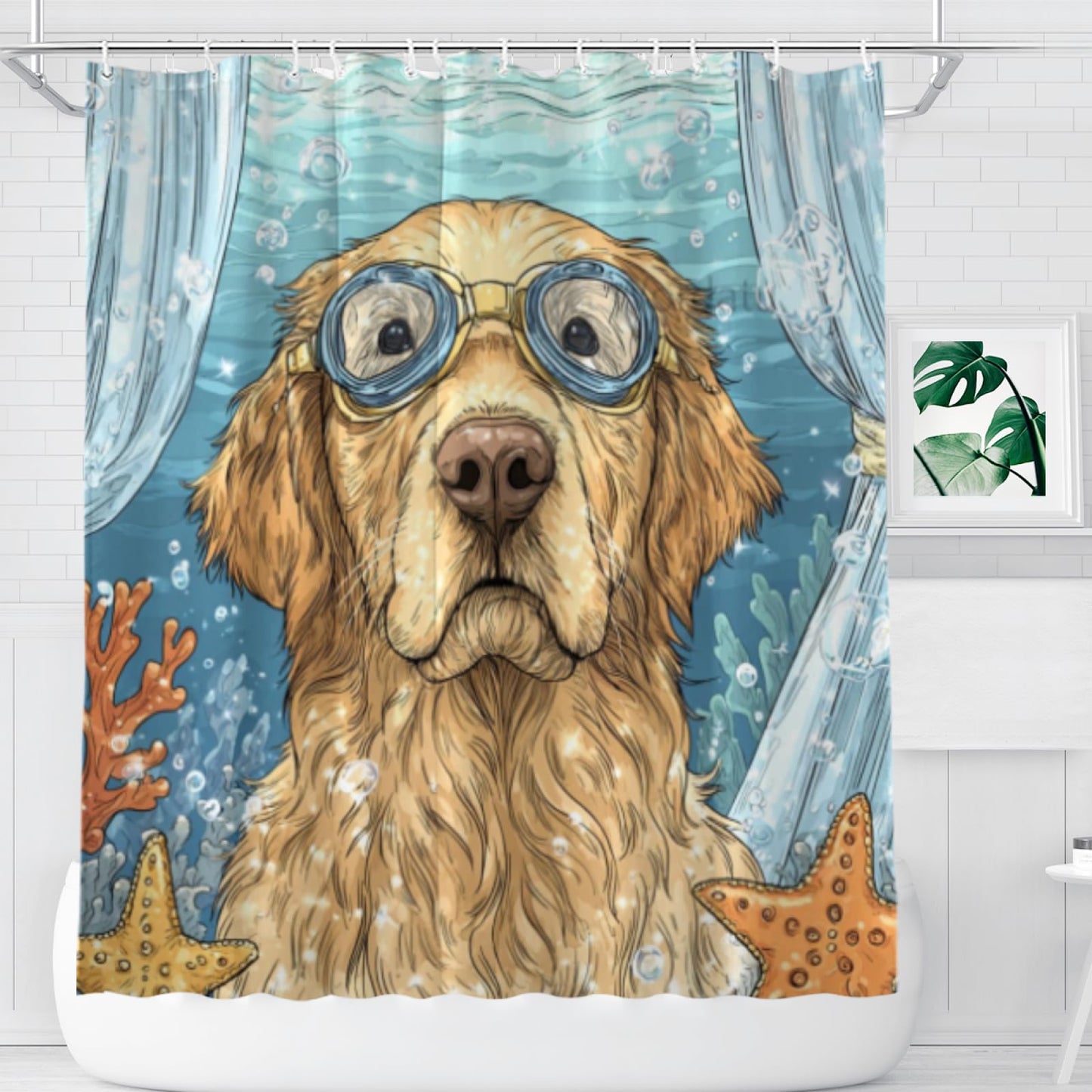 Wordatu Welcome Ocean Shower Curtain Ocean Golden Retriever Bathroom Set Kids Toddler Boys Girls Sea Bath Curtain Beach Coastal Kids Bathroom Decoration 72x72 Inches