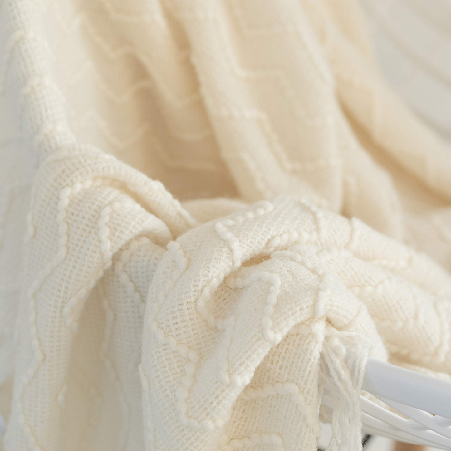 Decorative Chevron Pattern Knit Throw Blanket, 50x60 in, Made with Premium Yarns for Softness and Durability, Finished with Chic Fringe will Add a Cozy Touch to Your Living Space - White, Gifting