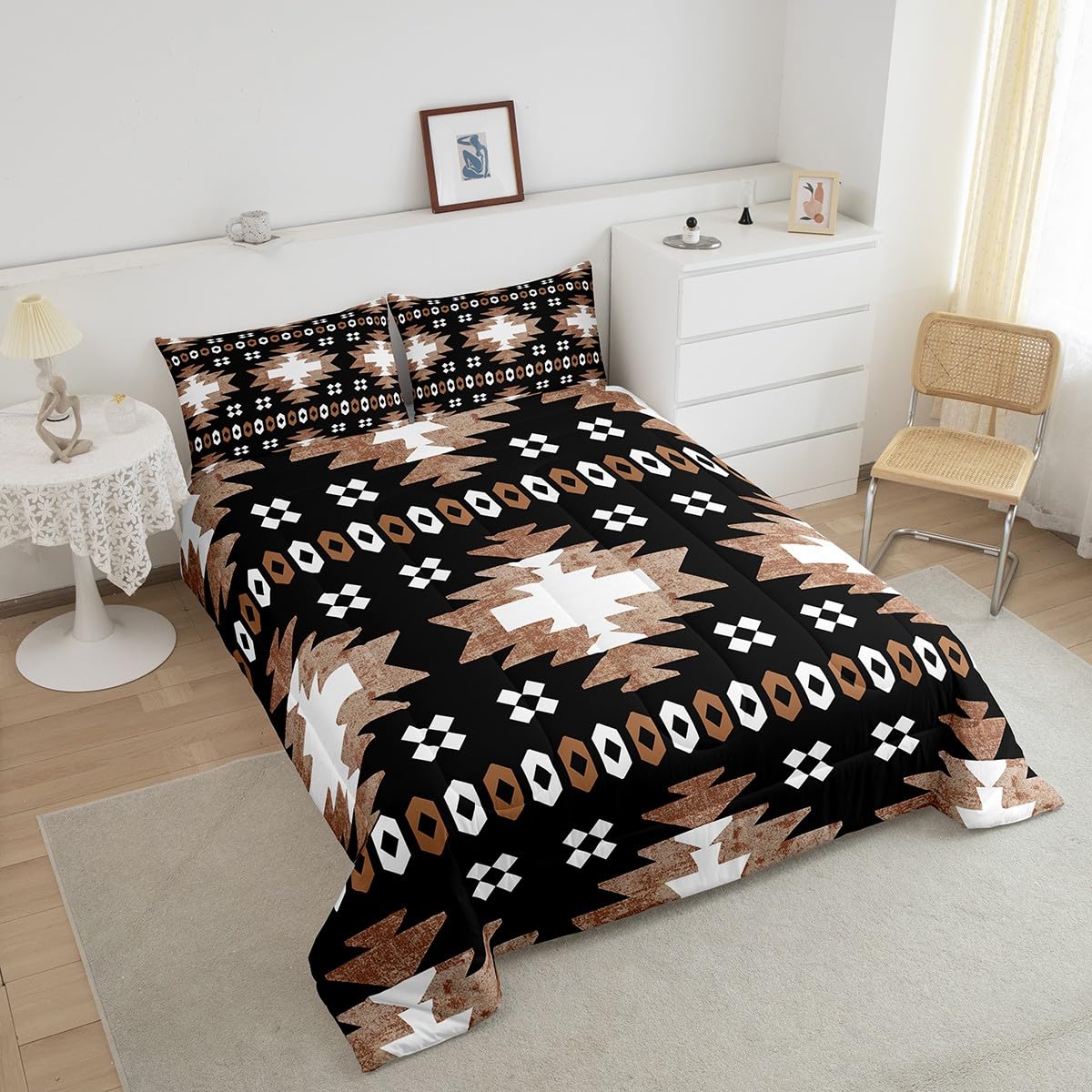 Feelyou Boho Comforter Set King Size Southwest Native American Design Comforter Southwestern Geometric Bedding Set Western Decor Duvet Set Room Decor Brown Balck Quilt Set