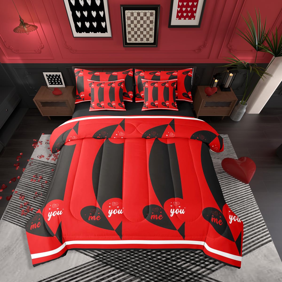 Erosebridal Love You and Me Queen Bedding Set 7 Piece Cute Love Heart Bed in A Bag with Sheets Valentine Romantic Heart Pattren Comforter Set for Women Men Adults,Couple Wedding Bed Sets