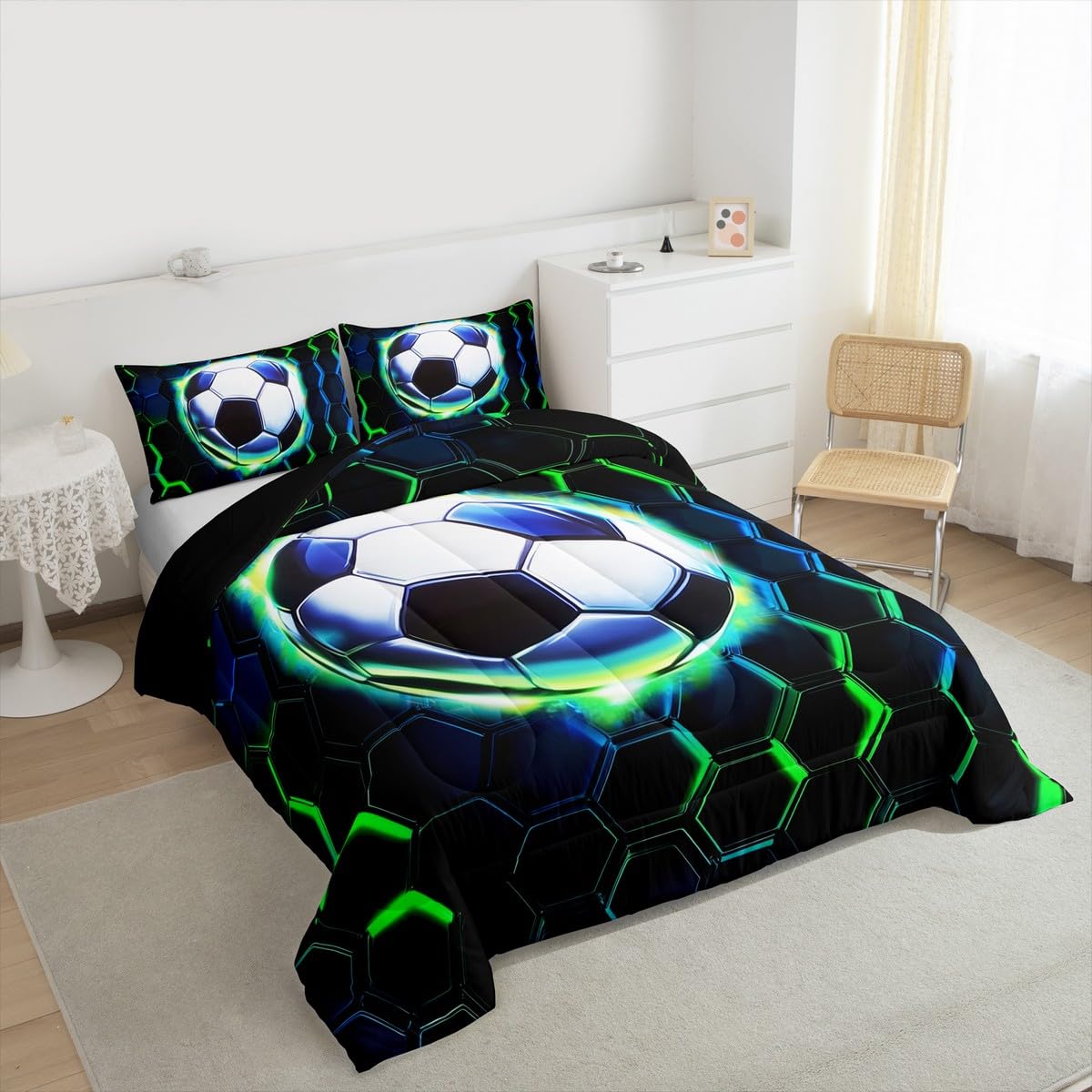 Football Kids Comforter Set Queen Size,Soccer Game Ball Sports Bedding Set,Girls Boys Room Decor,Geometric Honeycomb Hexagon Quilt Comforter,Black Green Duvet Set Bedroom Quilt Set,2 Pillowcases